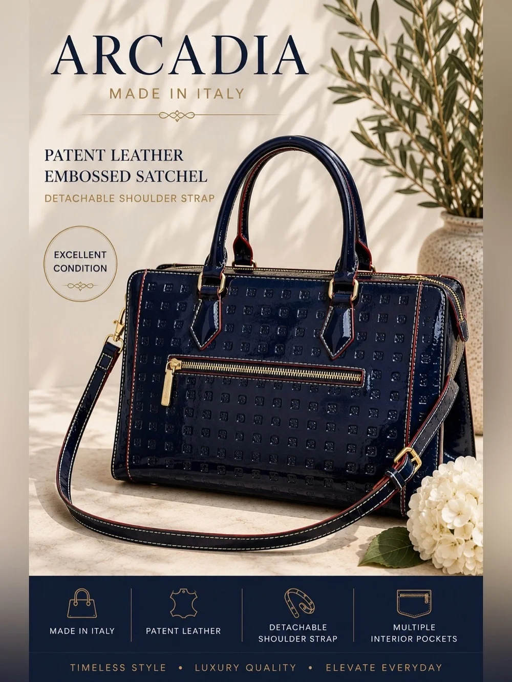Arcadia Made in Italy Navy Blue Patent Leather Embossed Satchel Tote Bag
